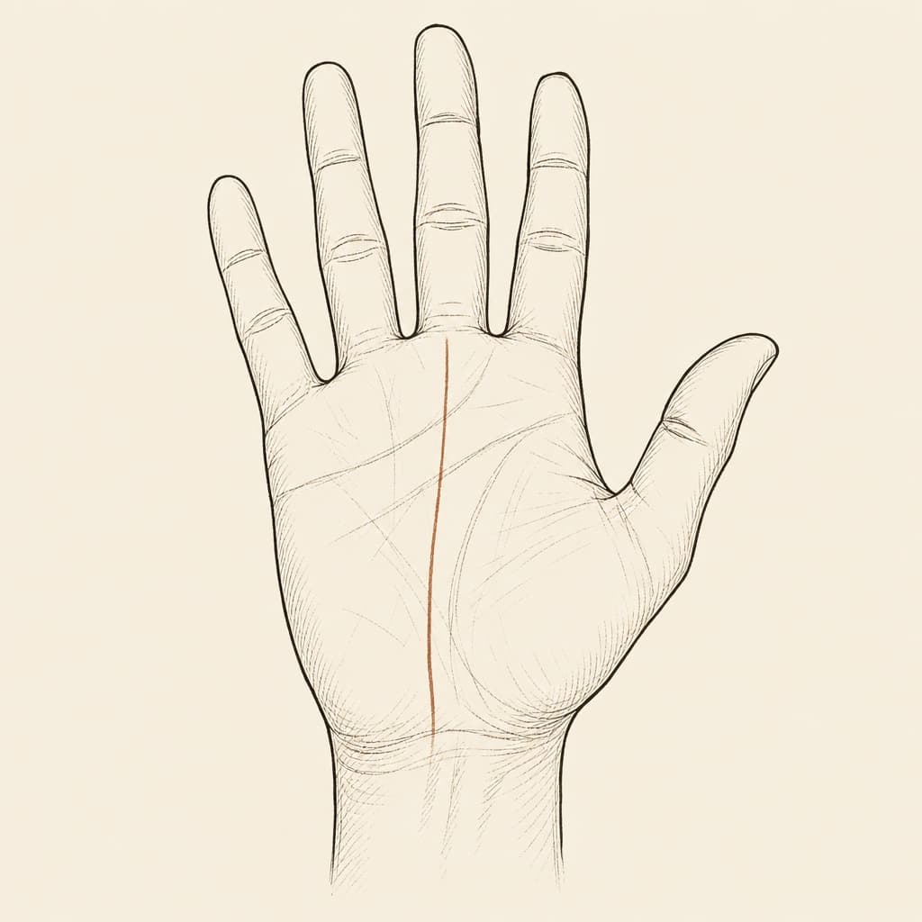 Fate line on a human palm, the vertical line running up the centre of the palm