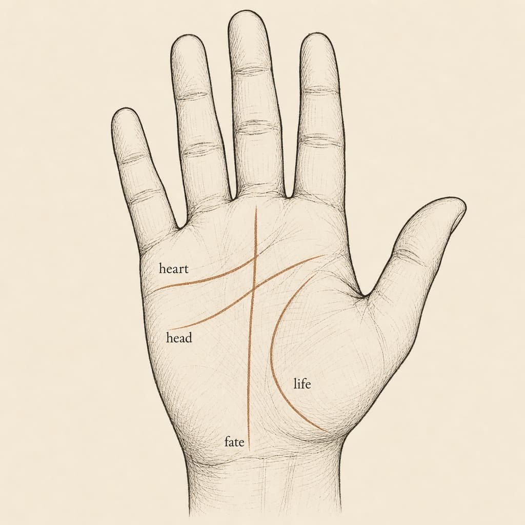 Open palm with major lines labeled — heart, head, life, fate