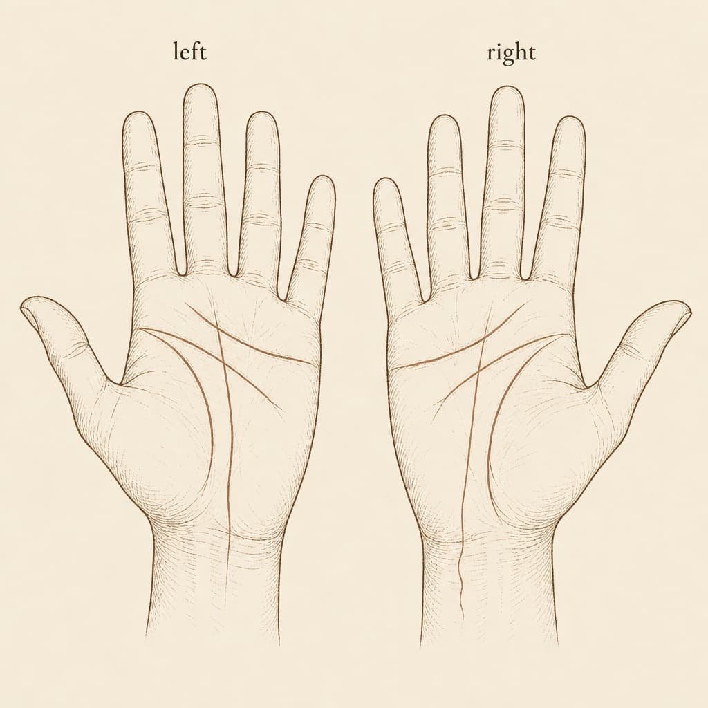 A left palm and a right palm side by side, showing the differences in line detail