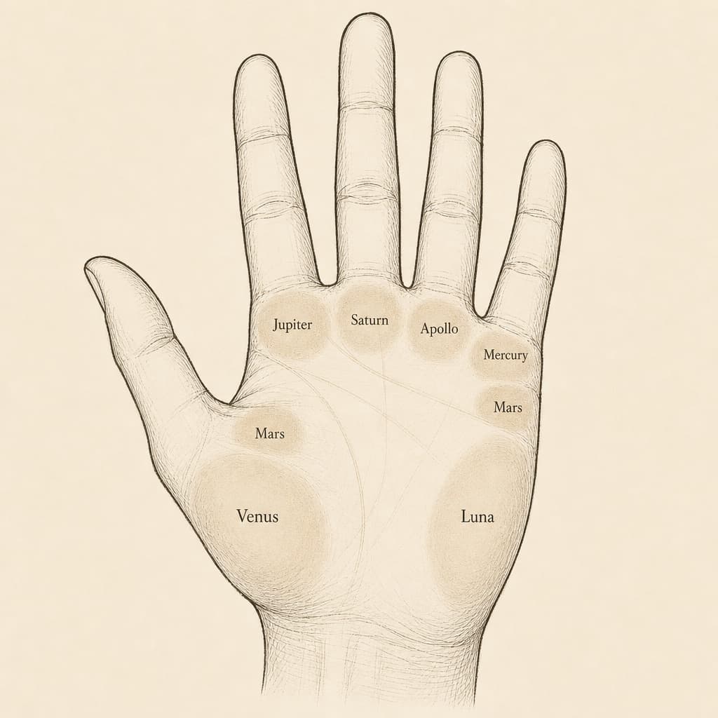 Diagram of the human palm showing the seven mounts: Venus, Jupiter, Saturn, Apollo, Mercury, Mars (upper and lower), and Luna