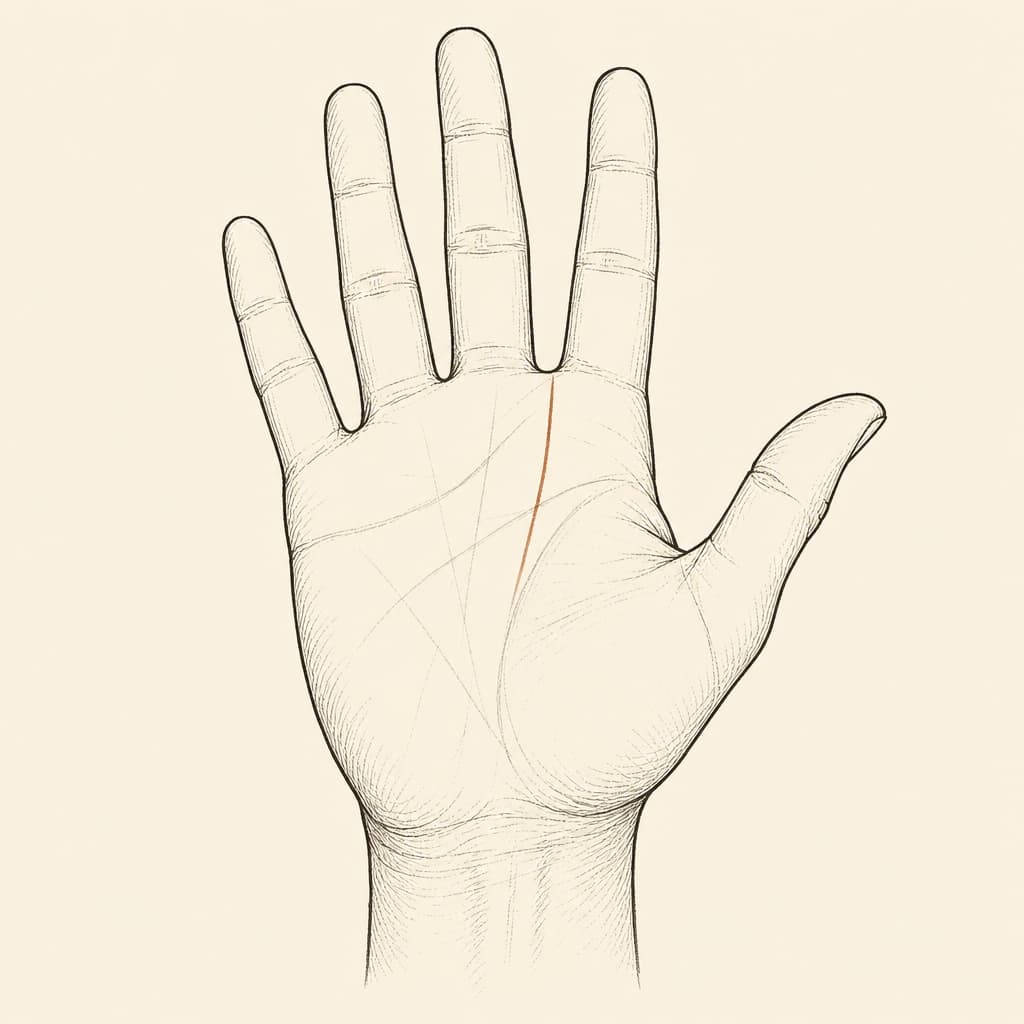 Sun line on a human palm, the vertical line running up the palm toward the ring finger